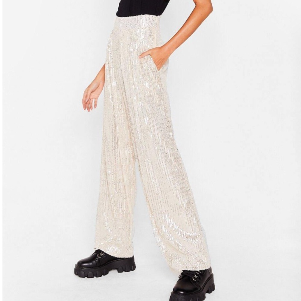 NastyGal Silver Sequin Wide-Leg Pants